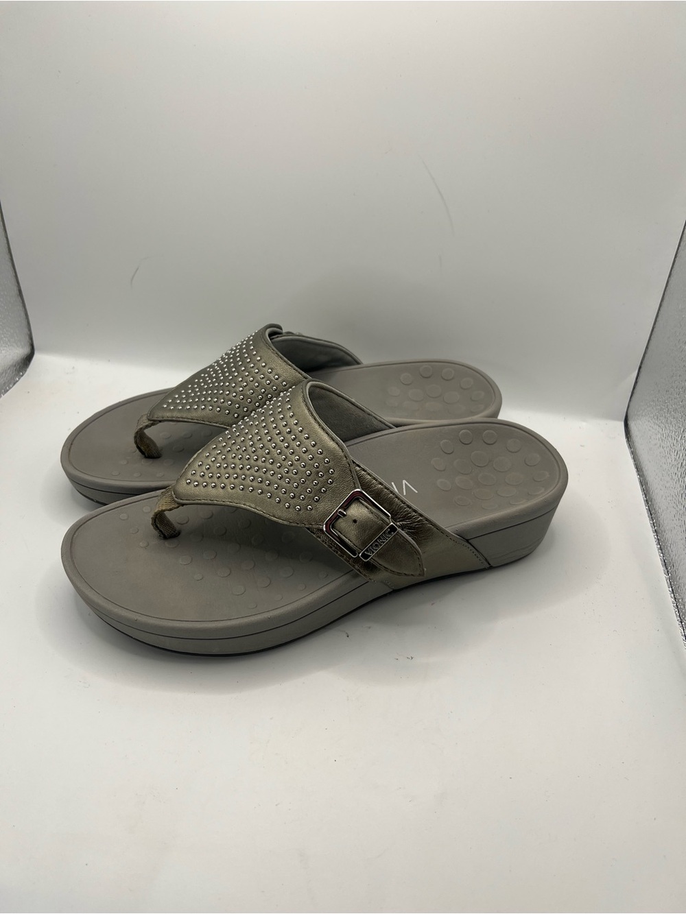 Vionic Metallic Gray Studded Thong Sandals - Picture 2 of 12